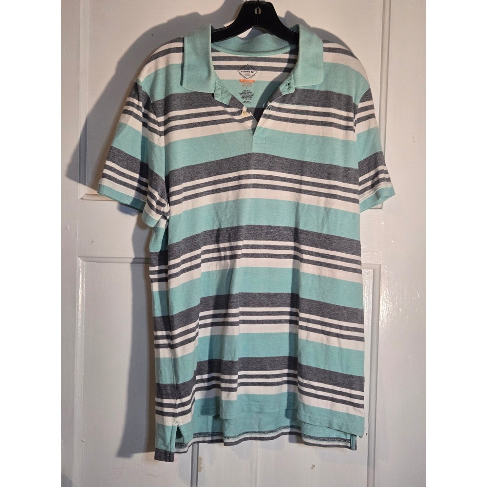 St Johns Bay Mens Performance Striped Polo Shirt Teal Grey White Large L